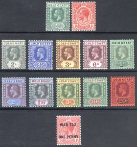 Gold Coast 1913 1/2d-£1+War Tax Wmk MCA Scott 69-80+MR1 SG 71-85 MNH Cat $352++