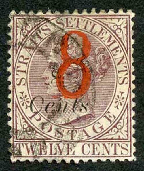 Straits Settlements SG80 1884 8 on 8c on 12c dull purple Cat 500 pounds