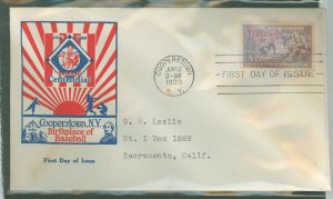 US 855 1939 3c Baseball Centennial on an addressed (typed) FDC with a Leatherstocking (1st) cachet