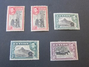 Ceylon 1938 KGVI Sc 278b,d,279d,e,286e MH