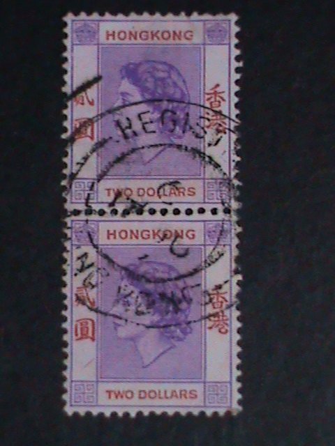 ​HONG KONG-1954 SC#196- 68 YEARS OLD-QUEEN ELIZABETH II -$2 PAIR-FANCY CANCEL