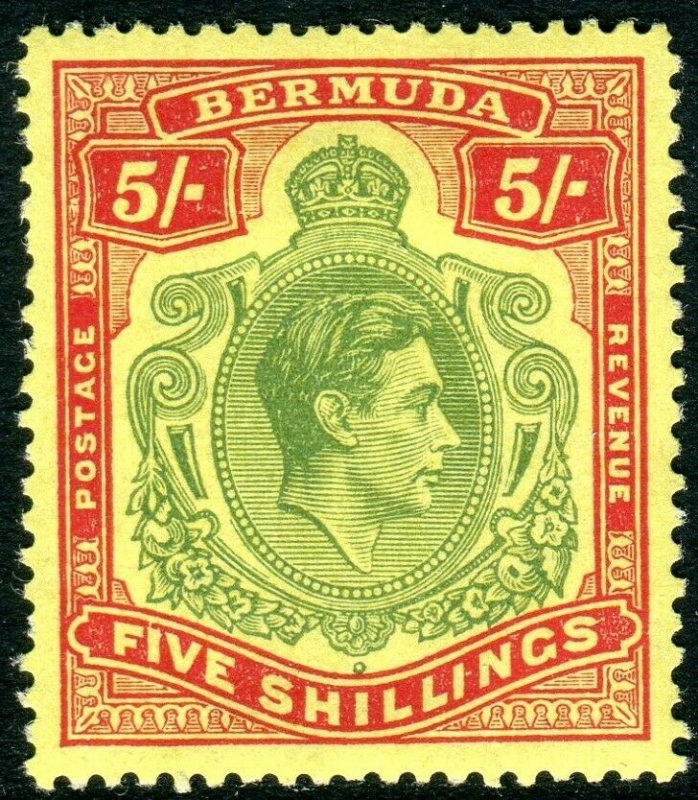 BERMUDA-1950 5/- Green & Scarlet/Yellow Perf 13.  A mounted mint example Sg 118g