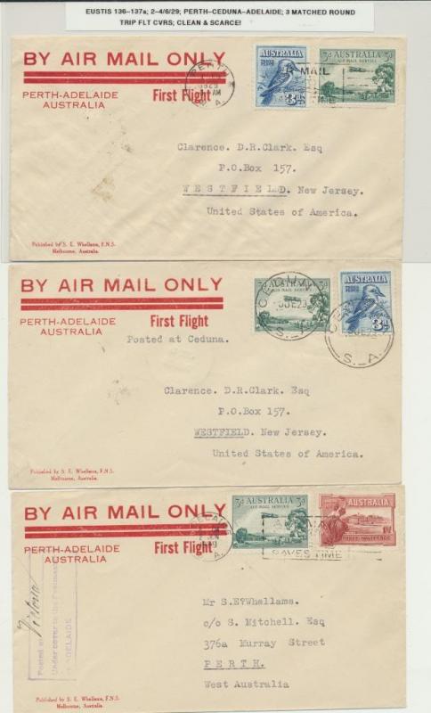 AUSTRALIA 1929 FLIGHT COVER(3)PERTH-CEDUNA-ADELAIDE, MATCHED ROUND TRIP COVERS 