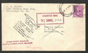 USA 831 PREXY STAMP PENNSYLVANIA CERTIFIED MAIL RETURN RECEIPT COVER JUNE 7 1955