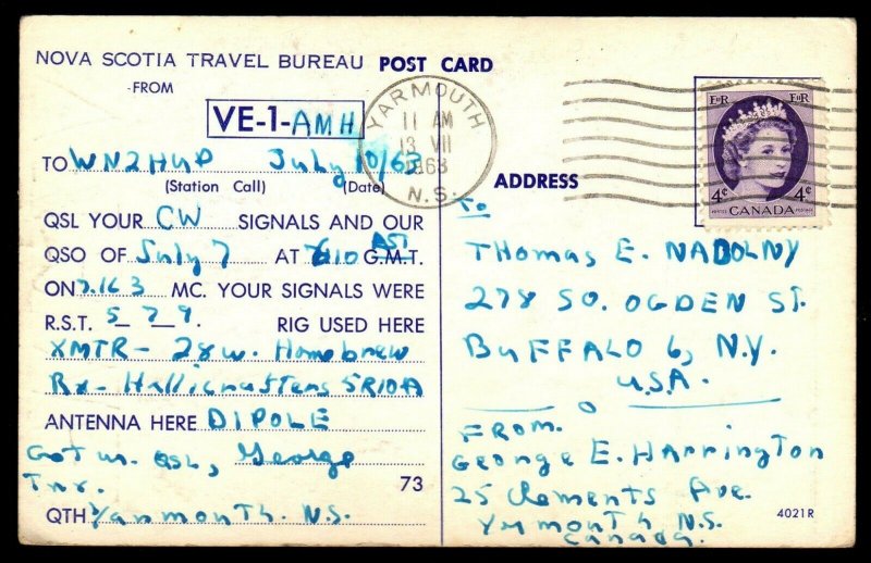 QSL QSO RADIO CARD VE1AMH,George E. Harrington, Nova Scotia,Canada (Q3548)