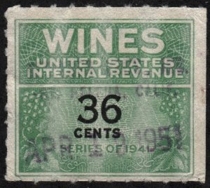 RE135 36¢ Wine Revenue Stamp (1942) Used