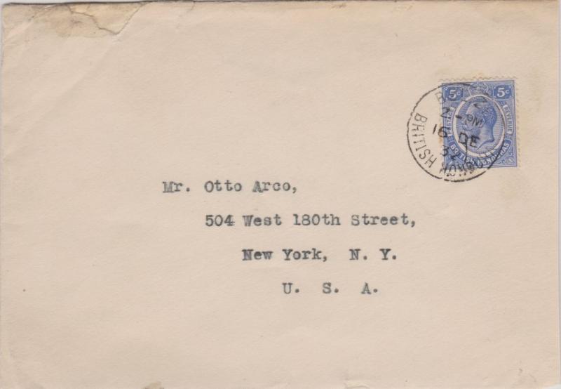 British Honduras 5c KGV 1932 Belize, British Honduras to New York, N.Y. Tears...