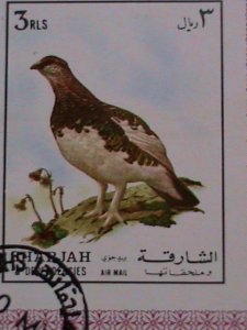 SHARJAH STAMPS: 1972 BEAUTIFUL COLORFUL BIRD CTO STAMP S/S WITH FIRST DAY CANCEL