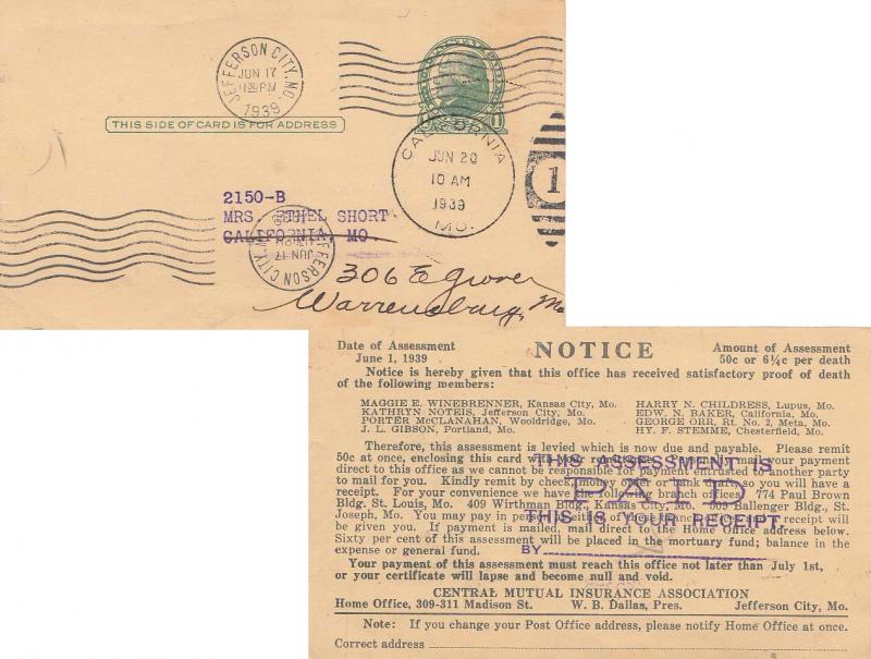 United States Missouri California 1939 numeral duplex Forwarding Mark  Postal...