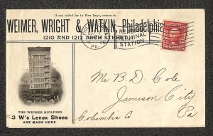 USA #319 STAMP WEIMER WRIGHT & WATKIN LENOX SHOES PENNSYLVANIA AD COVER 1906