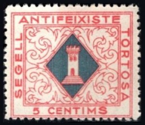 1937 Spain Civil War Local Revenue 5 Cèntims Tortosa Anti-Fascist Seal