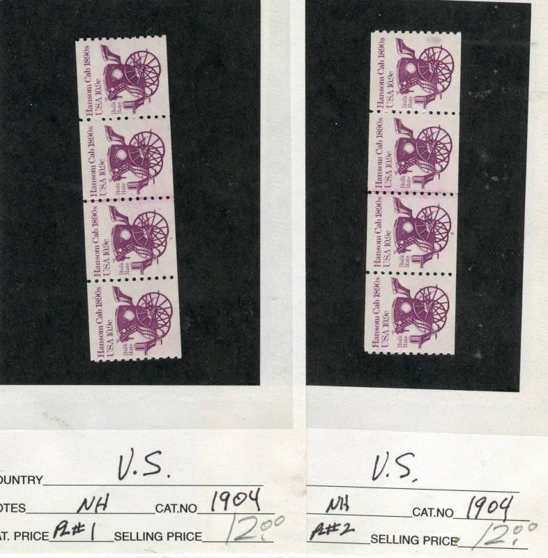 US #1904 ~ Plate #1-2 MNH OG TWO Plate Number Coil Strips of four [PNC-4]