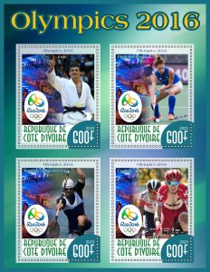 Stamps. Olympic Games 2016 in Rio 2023 year 1+1 sheets perf Ivory Coast