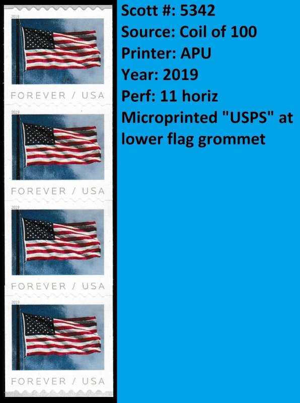 US 5342 Old Glory F coil strip APU 4 MNH 2019
