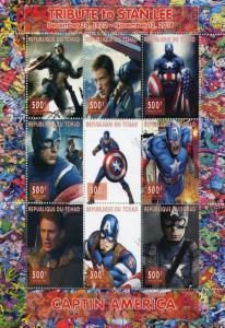 Chad 2018 CTO Superheroes Stamps Captain America Stan Lee Comics Movies 9v M/S