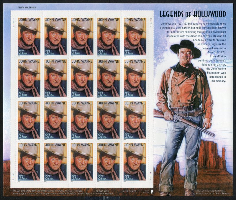 USA #3876 MNH  Legends of Holywood,  John Wayne  Pane of 20 (FV  $7.40)