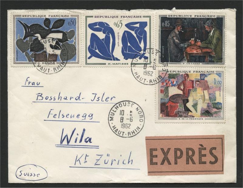 FRANCE 1. SET PAINTINGS ON EXPRESS COVER 1962 TO SWITZERLAD