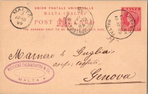 Malta 1d QV Postal Card 1899 Sliema B.O., Malta to Genoa, Italy.  Private cac...