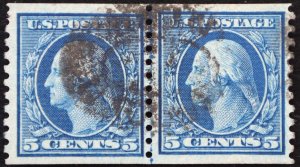 U.S. Used Stamp Scott #496 5c Washington Coil Line Pair, XF-Superb Appearing.