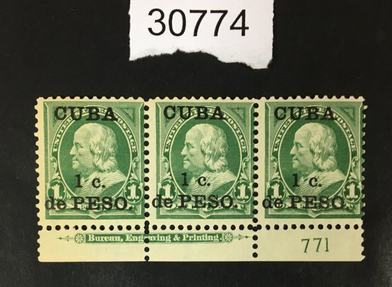 US CUBA POSSESSIONS # 221 PLATE IMPRINT STRIP OF 3 MINT OG NH $55++ LOT #30774