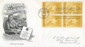 1948 FDC, #969, 3c Gold Star Mothers, Artmaster, block of 4