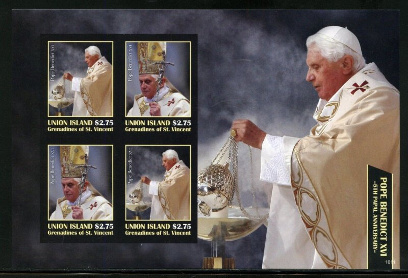 SPECIAL UNION ISLAND POPE BENEDICT XVI  5TH PAPAL ANN IMPERF SHEET  SET MINT NH