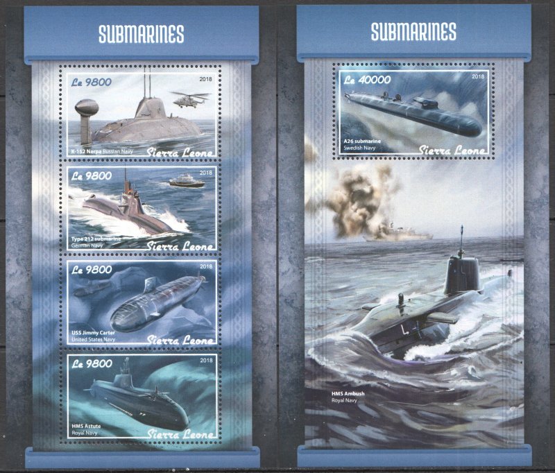 HM1424 2018 SIERRA LEONE SUBMARINES SHIPS TRANSPORT #9405-8+BL1410 MNH