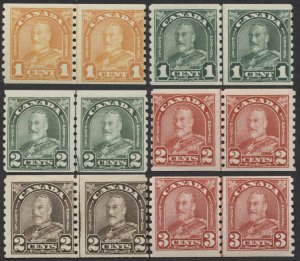 Canada #178i-183i Set of 6 George V Arch Coil Line Pairs Fine Mint OG LH