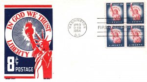 IN GOD WE TRUST 8c B4 LIBERTY STAMP FDC ON CACHET KEN BOLL RED/Blue/White 1954