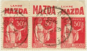 FRANCE - 1933 - pub MAZDA sur bande de 3x Yv.283 50c Paix t.I obl.TREGASTEL