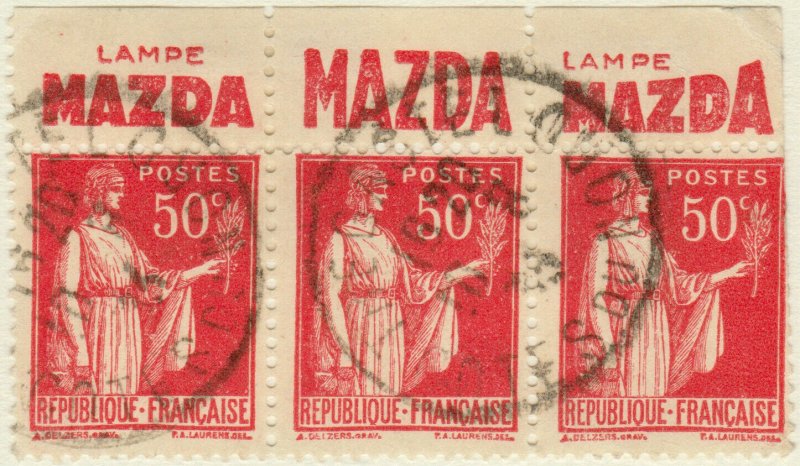 FRANCE - 1933 - pub MAZDA sur bande de 3x Yv.283 50c Paix t.I obl.TREGASTEL