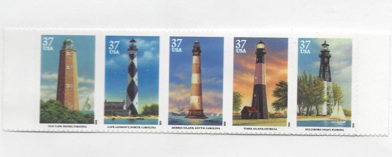 United States, 3787-91 (3791a), Northwestern Lighthouses Strip of 5, **MNH**