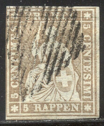 SWITZERLAND #32 Used - 1857 5r Pale Gray Brown (Thin paper)