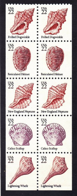 US 2121a MNH 1985 22¢ Seashells Booklet Pane of 10 Very Fine