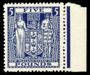 New Zealand 1940 KGVI Arms Fiscal £5 Wmk Inverted MLH. SG F211w. Sc AR94.