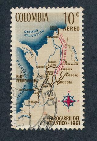 Colombia 1962 Scott C442 used - 10c, Railroad map