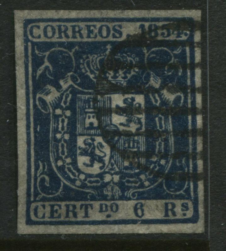 Spain 1854 6 reals dark blue VF used example with beautiful even margins