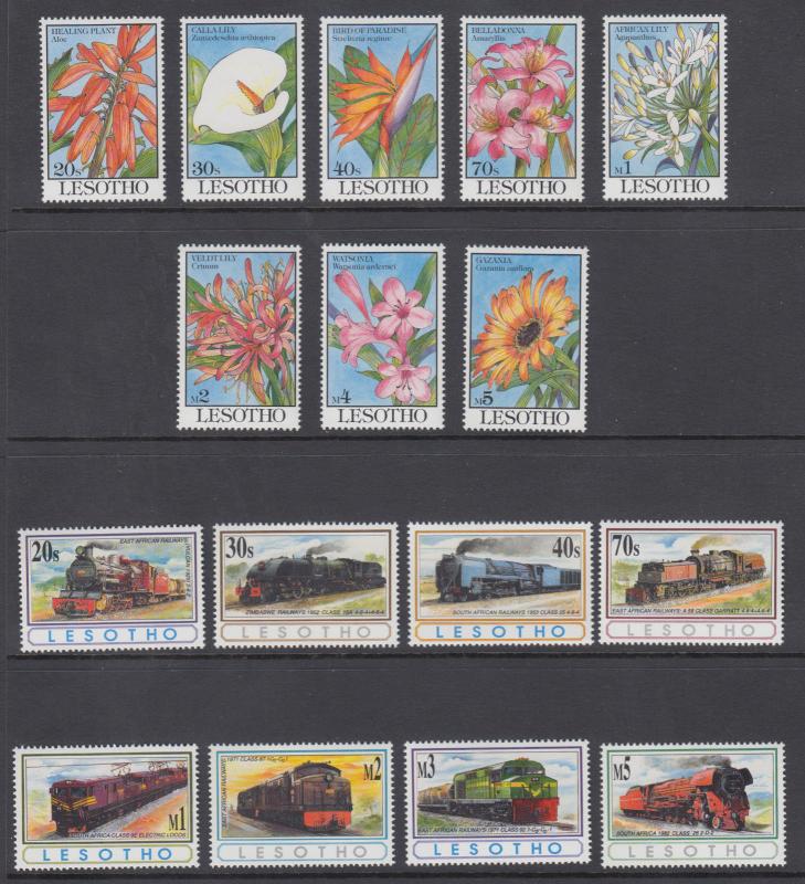 Lesotho Sc 949/976 MNH. 1993 Flowers + 1993 Trains, 2 complete sets, fresh, VF