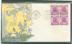 US 837 1938 3c northwest territory celebration, block of 4, on an unaddressed fdc with a pavois cachet