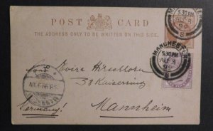 1899 Postcard Cover Manchester England to Mannheim Germany