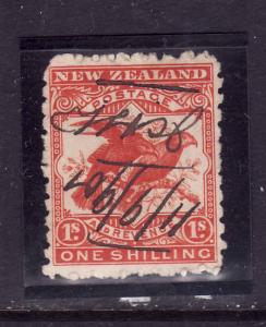 New Zealand-Sc#96-1sh red-used-1899-rounded perf top left-