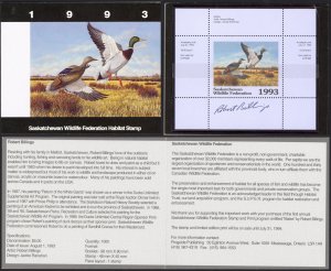 Canada Sc# SW4a Robert Billings (SIGNED) Mint 1993 Saskatchewan Wildlife