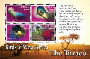 Liberia 2016 - West Africa (Turaco) Birds on Stamps - Sheet of 4 MNH