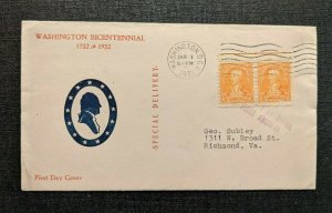 1932 Washington DC FDC 711 24h Special Delivery Cover to Richmond VA