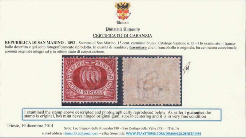 SAN MARINO - Sassone n.15 cv 3000$ MNH** with certificate SUPER CENTERED