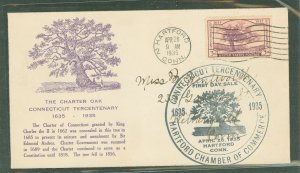US 772 1935 3c Connecticut Tercentenary (Charter Oak) single on an addressed first day cover with a Hartford accident indemnity