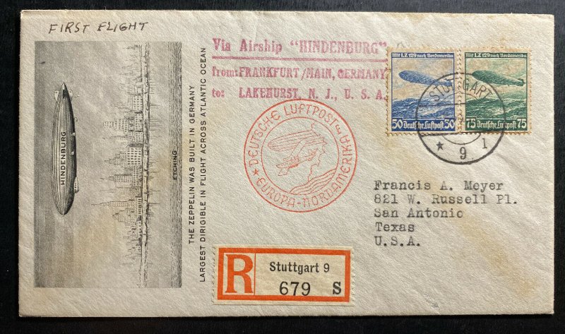 1936 Stuttgart Germany Hindenburg Zeppelin LZ 129 cover to San Antonio TX USA