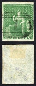 Barbados SG8 1855 1/2d Green on White Paper Four Margins (just) Cat 150