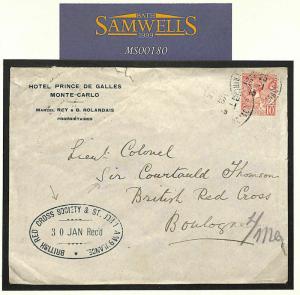 MONACO HOTEL Cover WW1 BRITISH RED CROSS & St.John Ambulance 1915 OVAL MS180