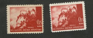 CROATIA - NDH - 2 MNH/MH STAMPS, 0.25 kuna - DIFERENT COLOR PAPER - 1941/42/43.